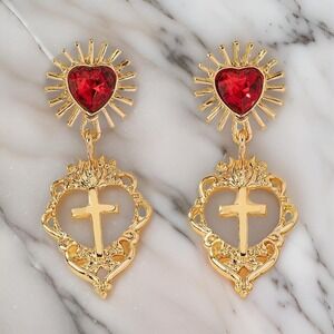 Corazon Red Heart Gold Milagro Sacred Dangle‎ Earrings Cross Simulated Crystal